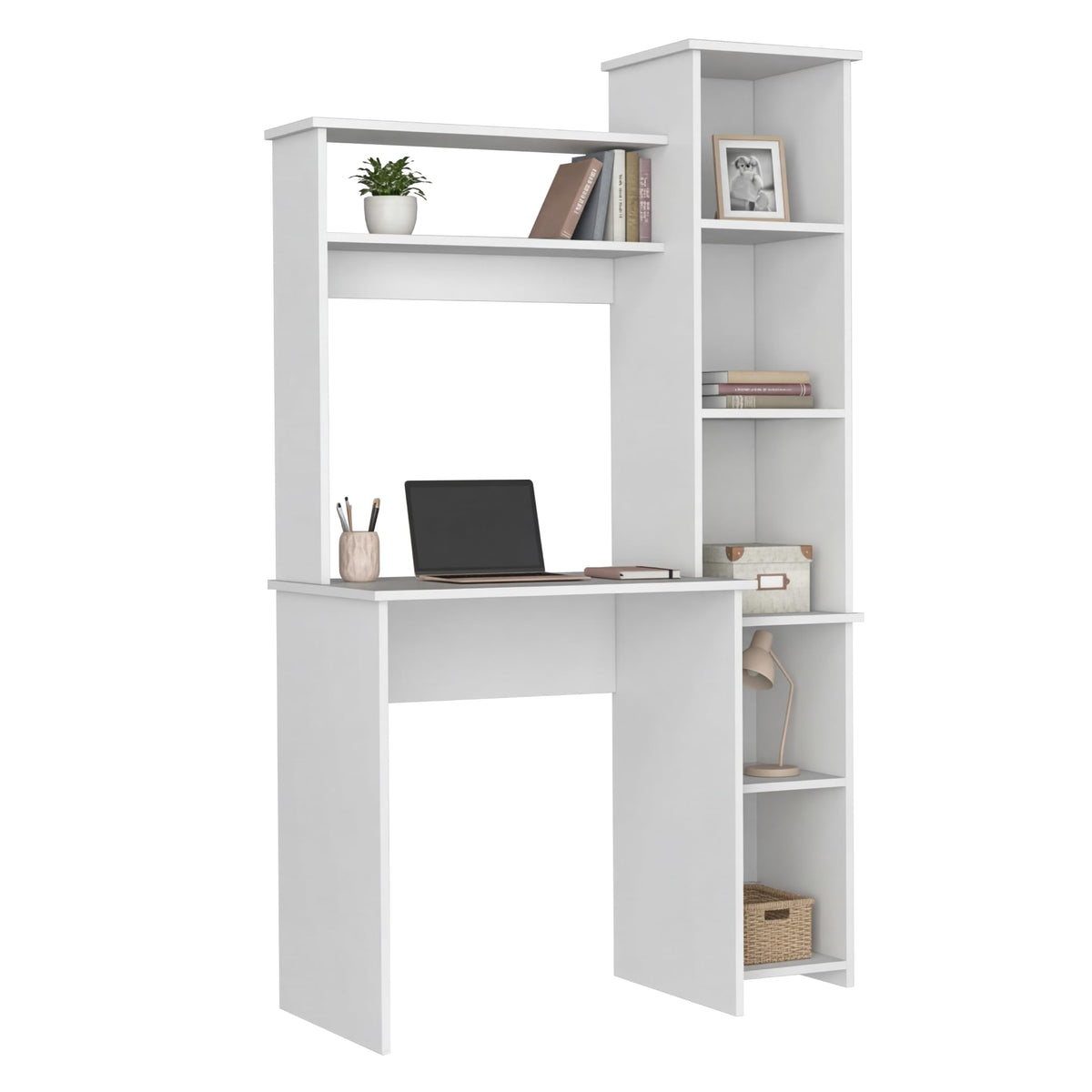 White Small Desk with Hutch and Bookshelf O462813