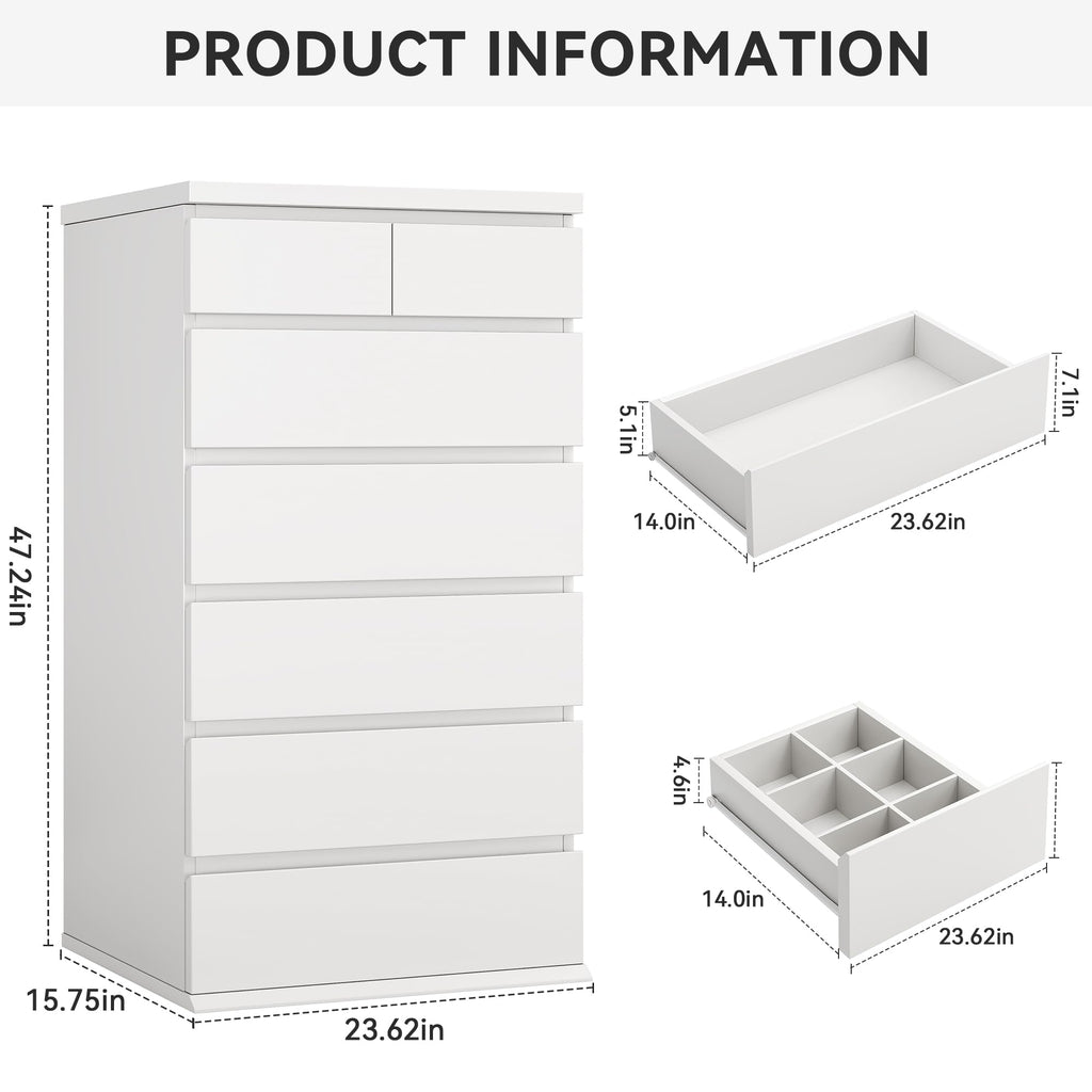 White Tall 7 Drawer Wood Dresser T2411