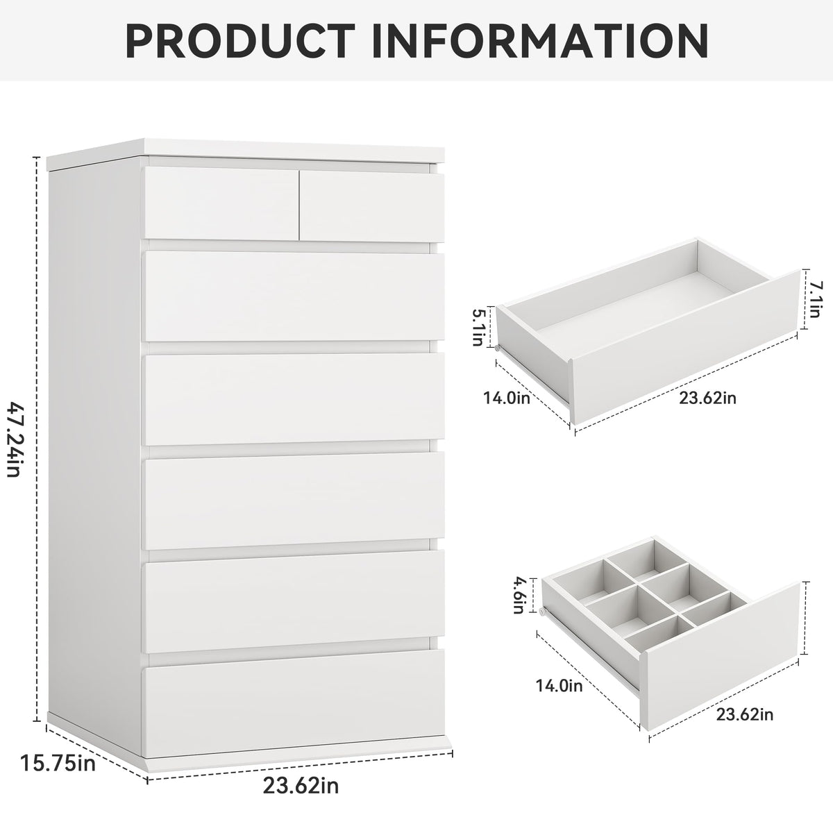 White Tall 7 Drawer Wood Dresser T2411