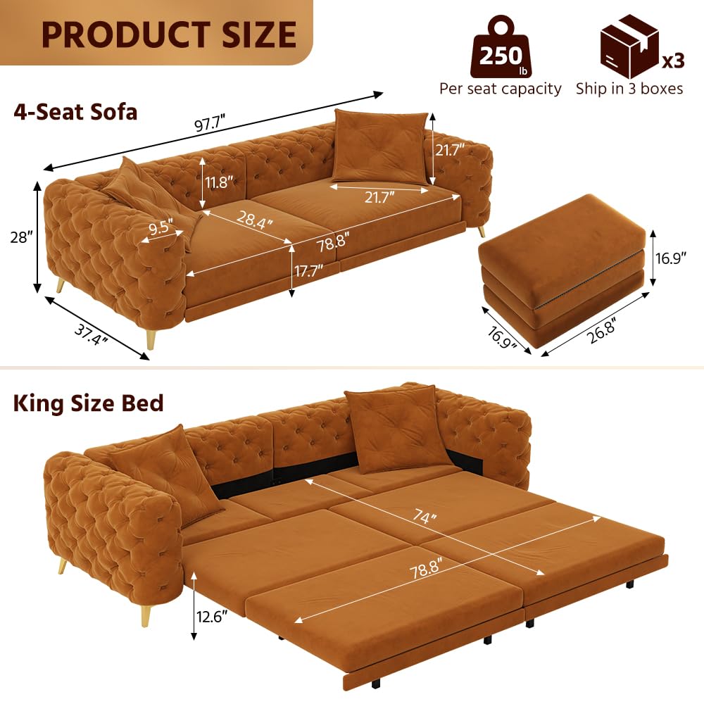 King Velvet Pull Out Sleeper Sofa with Ottoman I86071