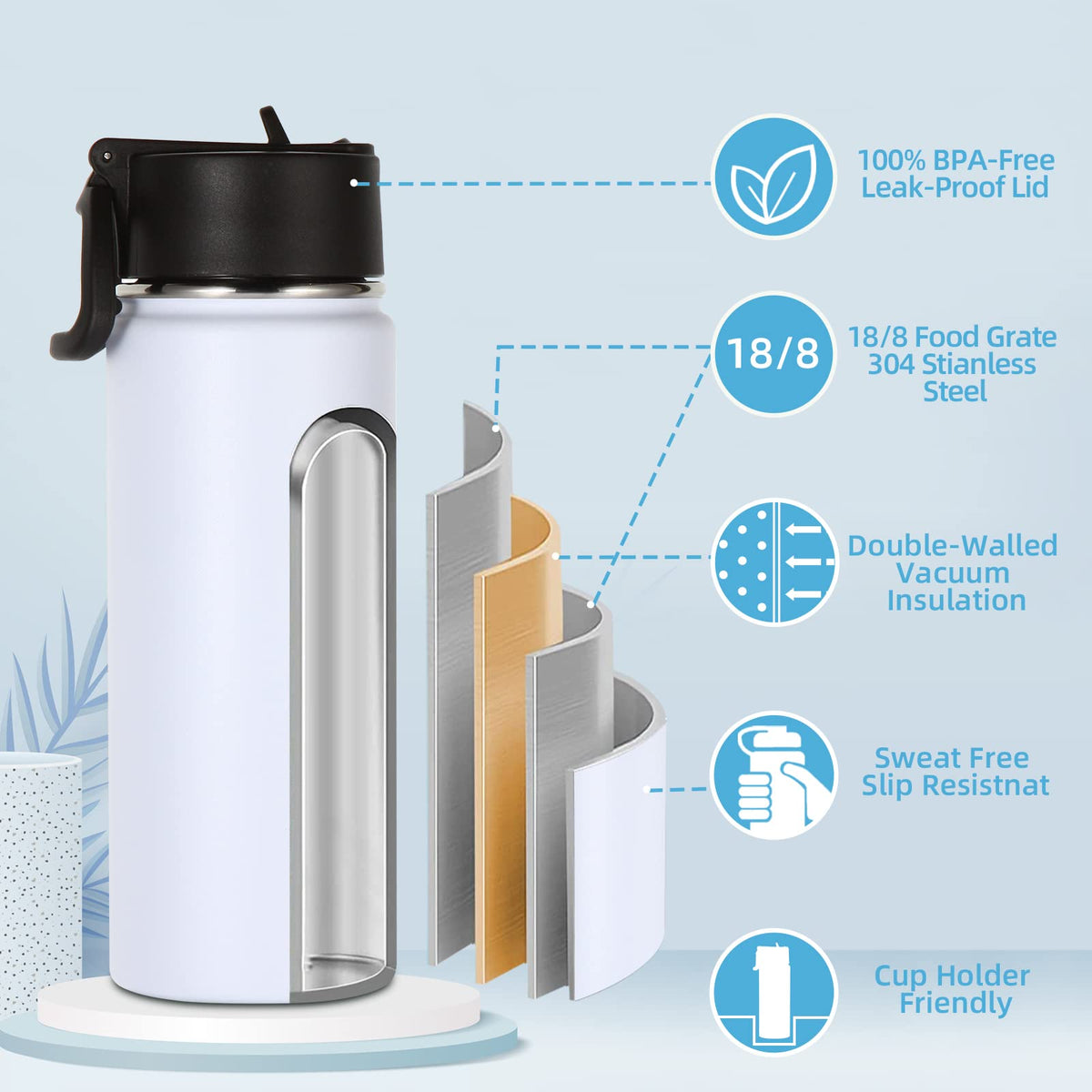 16 OZ Insulated Stainless Steel Kids Water Bottle 8 Pack with Straw Lid A50200