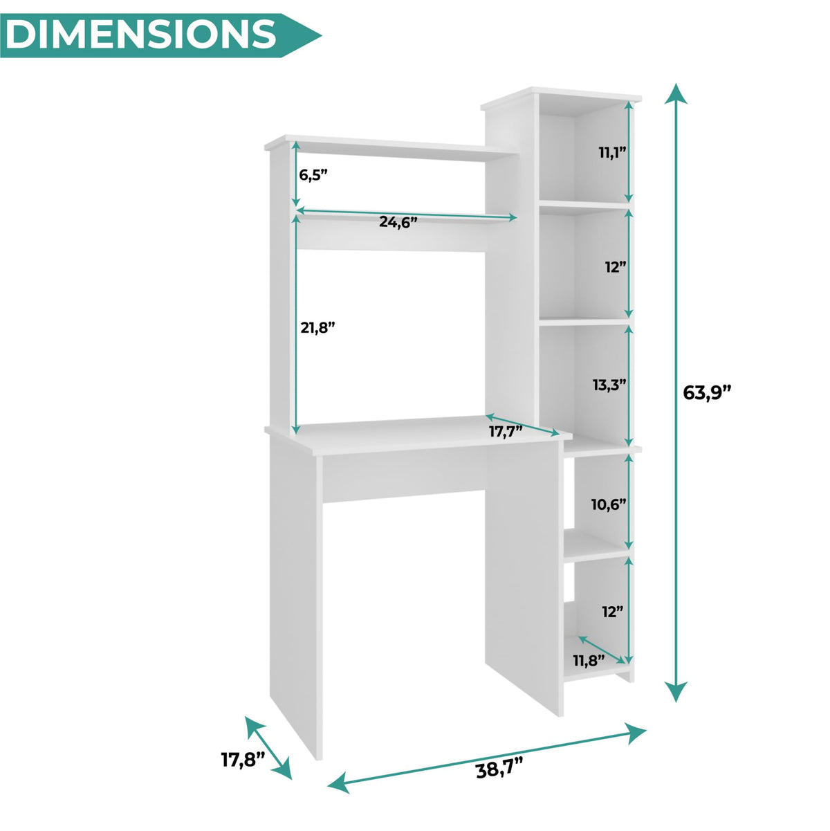 White Small Desk with Hutch and Bookshelf O462813