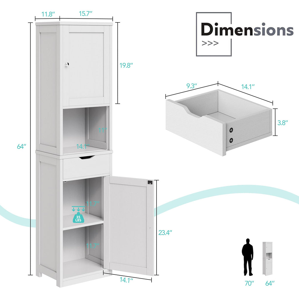 Tall Narrow Bathroom Storage Cabinet with Adjustable Shelves, White T2010