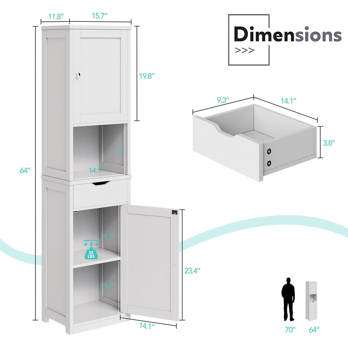 Tall Narrow Bathroom Storage Cabinet with Adjustable Shelves, White T2010