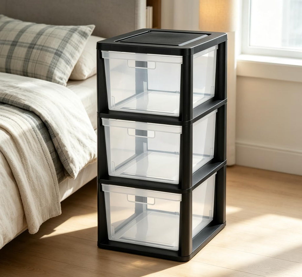 Black 3-Tier Plastic Storage Drawer Tower A934