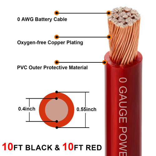 0 Gauge CCA Battery Cable 10FT Red 10FT Black O1525