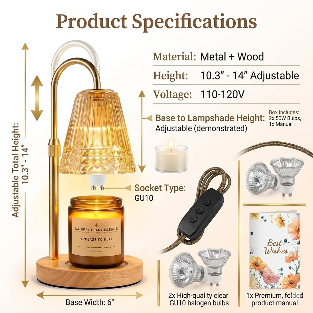 Dimmable Height Adjustable Candle Warmer Lamp with Timer K7718