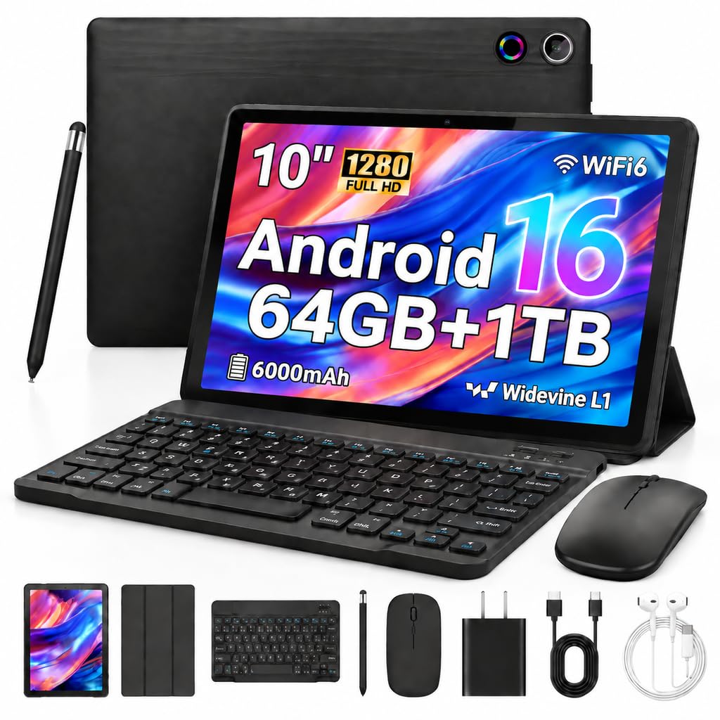 Android 16 Tablet with Keyboard Mouse Stylus Case, 64GB ROM 10.1 inch HD IPS Screen, 6000mAh Battery, WiFi 6 Tablets Bundle Q74185