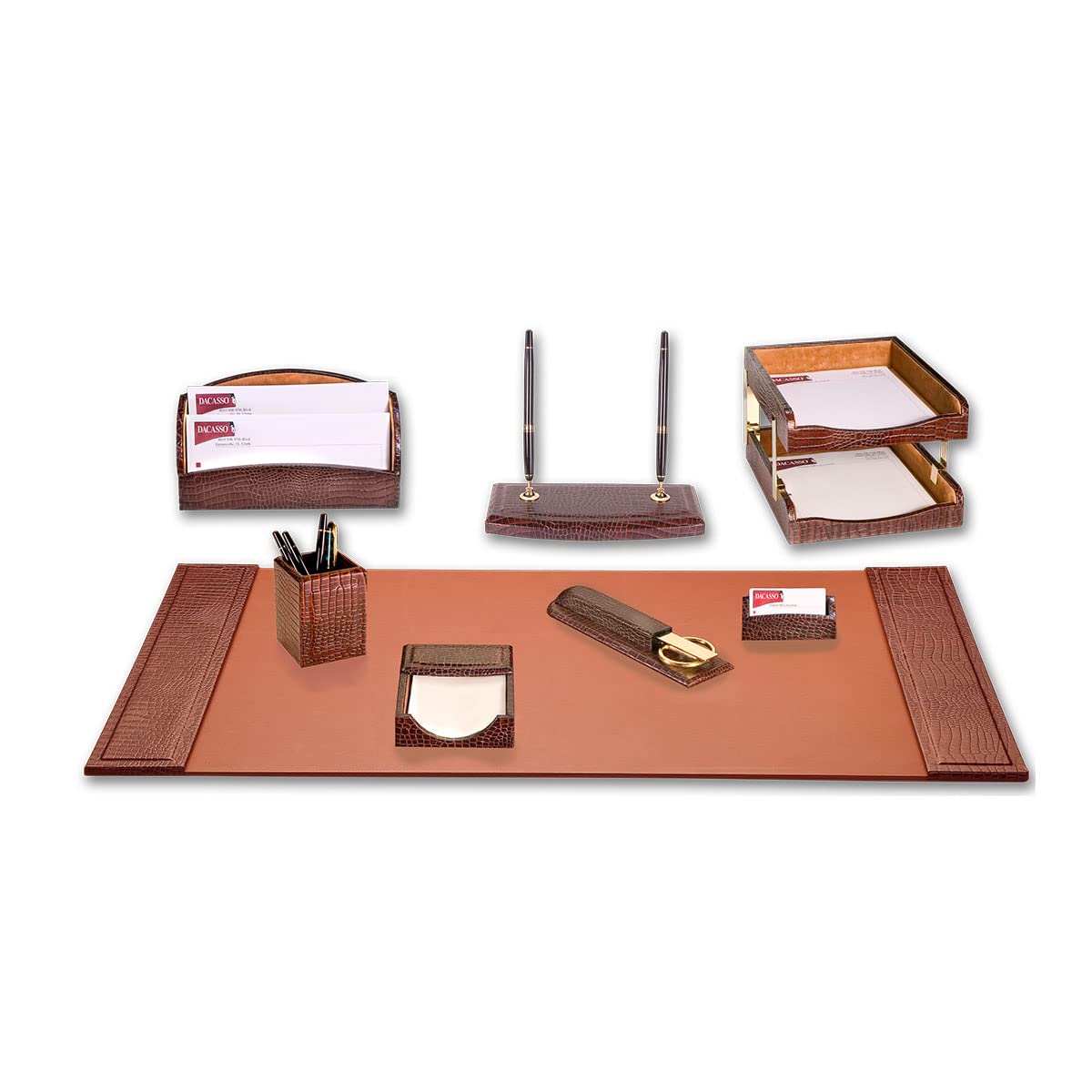 Brown Crocodile Embossed Leather Desk Set S6942