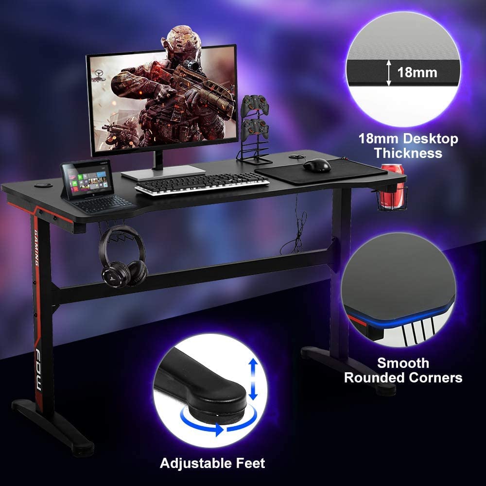 47 Inch T-Shaped Gaming Desk with Headphone Hook and Cup Holder C15000