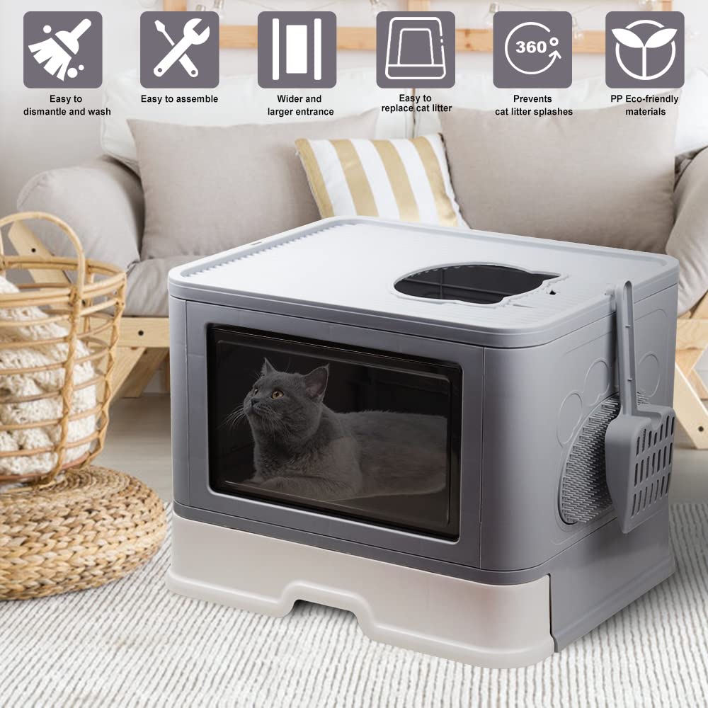 Foldable Top Entry Cat Litter Box with Lid and Scoop, Grey D919273