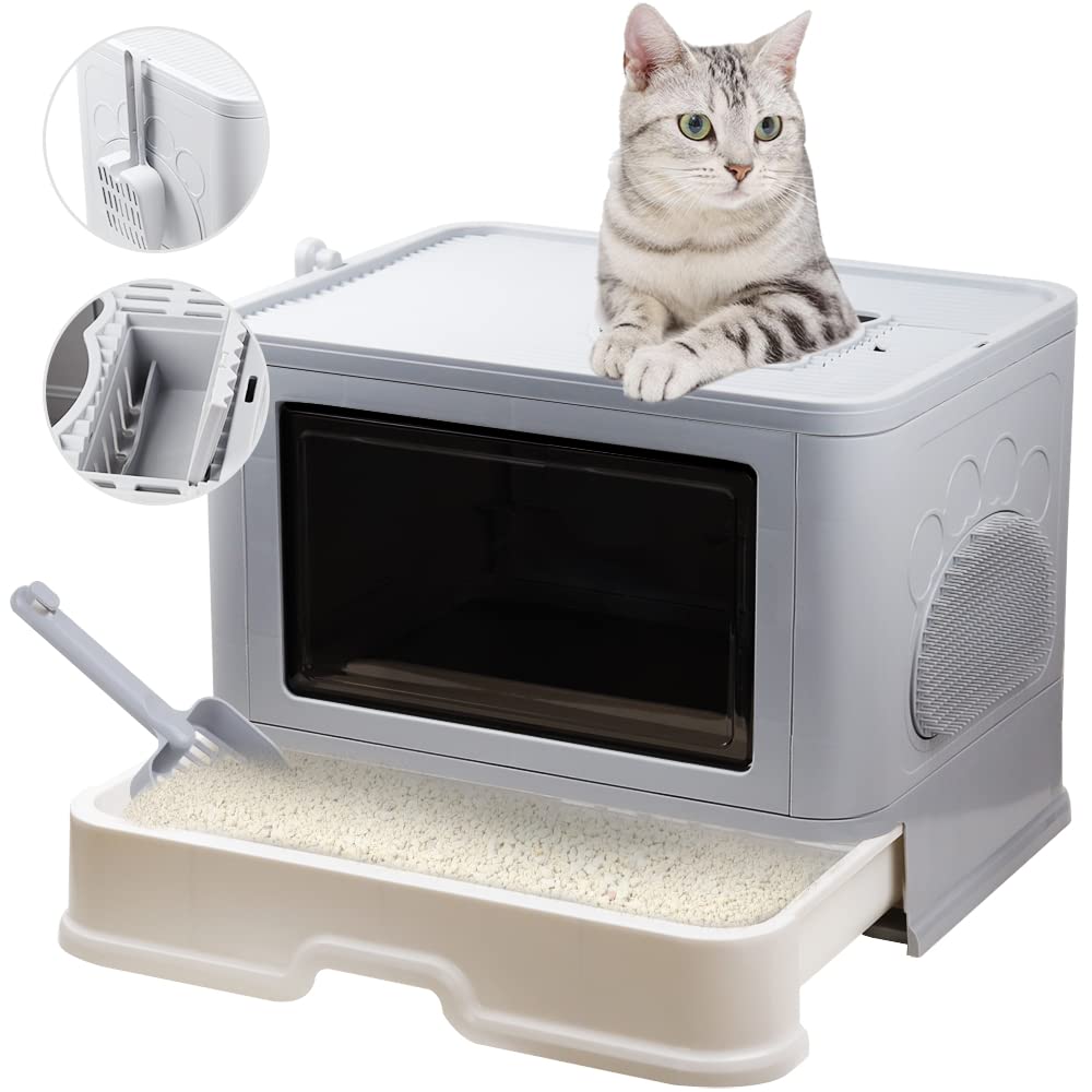 Foldable Top Entry Cat Litter Box with Lid and Scoop, Grey D919273