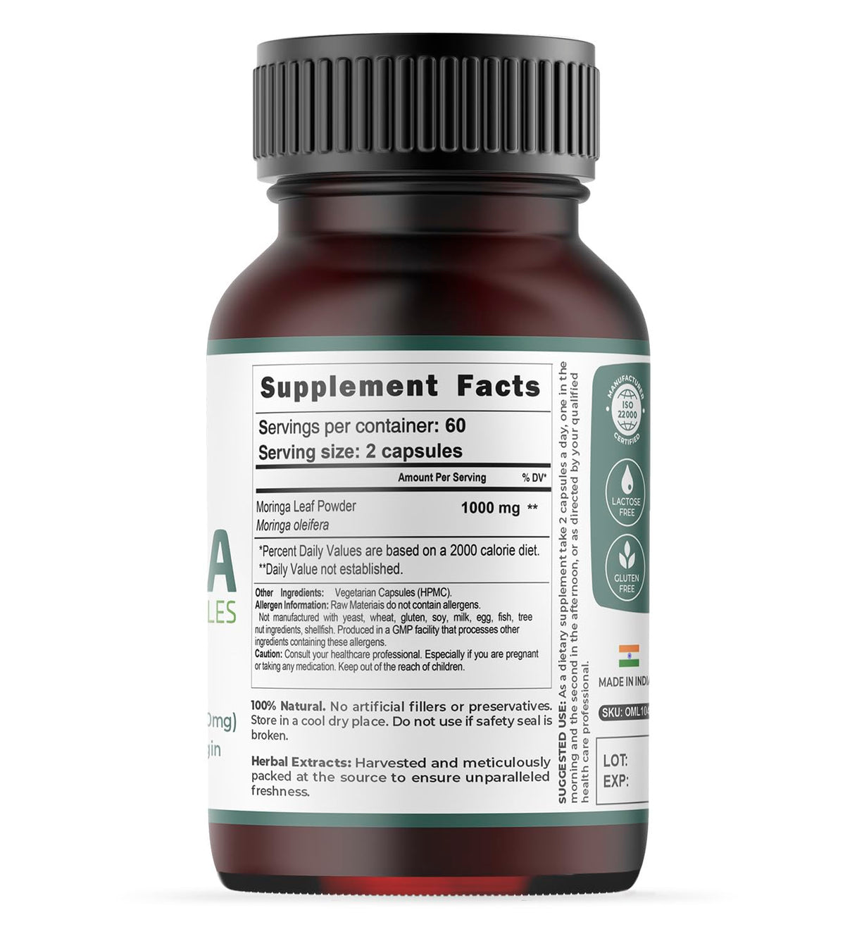 Moringa Capsules 120 Vegan Caps 1000mg Leaf Powder S4463