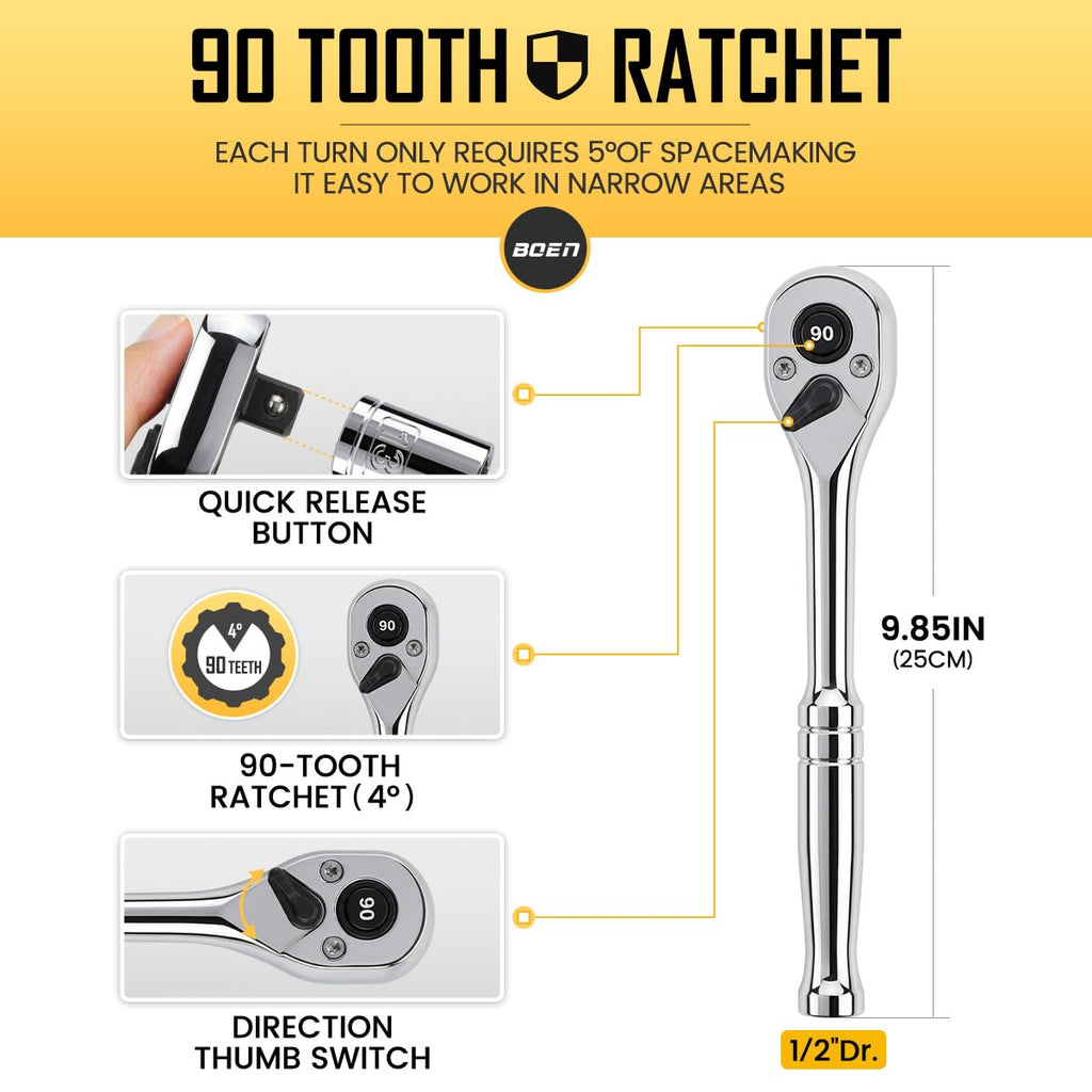 225PCS Mechanic Tool Set, 1/4" & 3/8" & 1/2" Drive Socket Wrench Set, Metric and Standard with 90-Tooth Ratchet E892