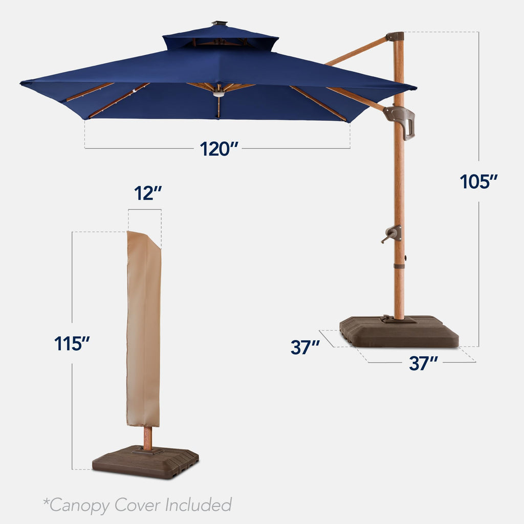 10ft Square Cantilever Patio Umbrella with Base and Solar LED Lights F648618
