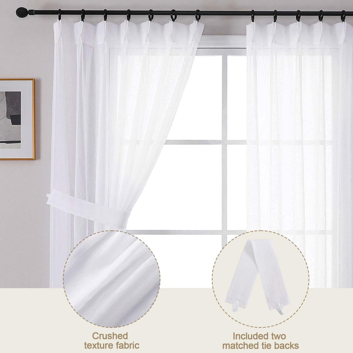 White Sheer Pinch Pleated Curtains 96 Inches 2 Panels H5131