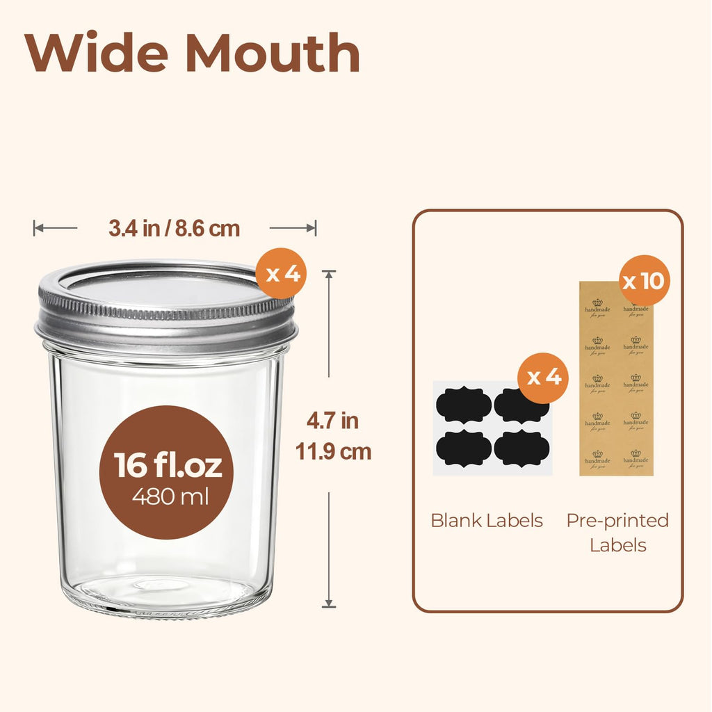 16 oz Wide Mouth Mason Jars 4 Pack A534