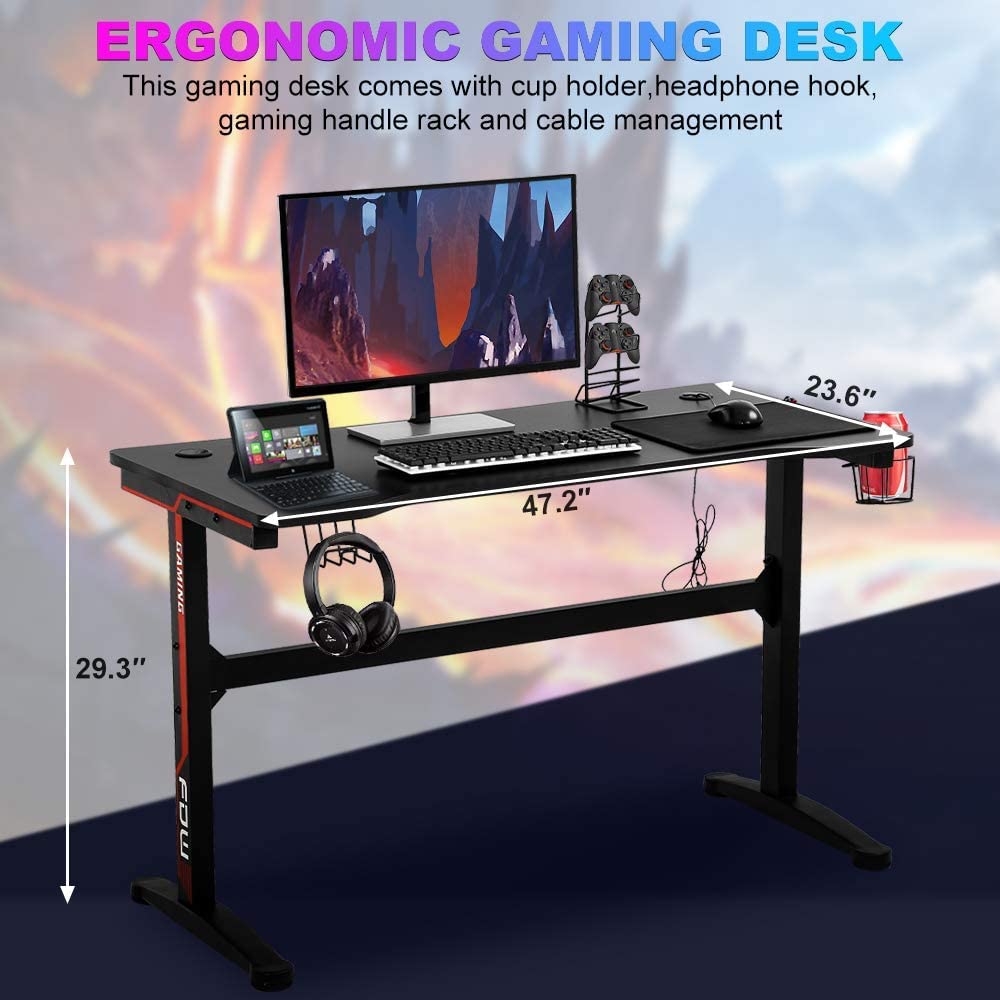 47 Inch T-Shaped Gaming Desk with Headphone Hook and Cup Holder C15000