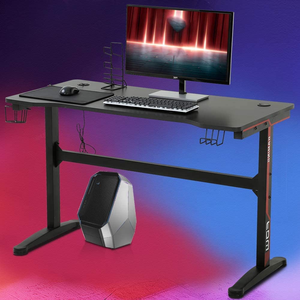 47 Inch T-Shaped Gaming Desk with Headphone Hook and Cup Holder C15000