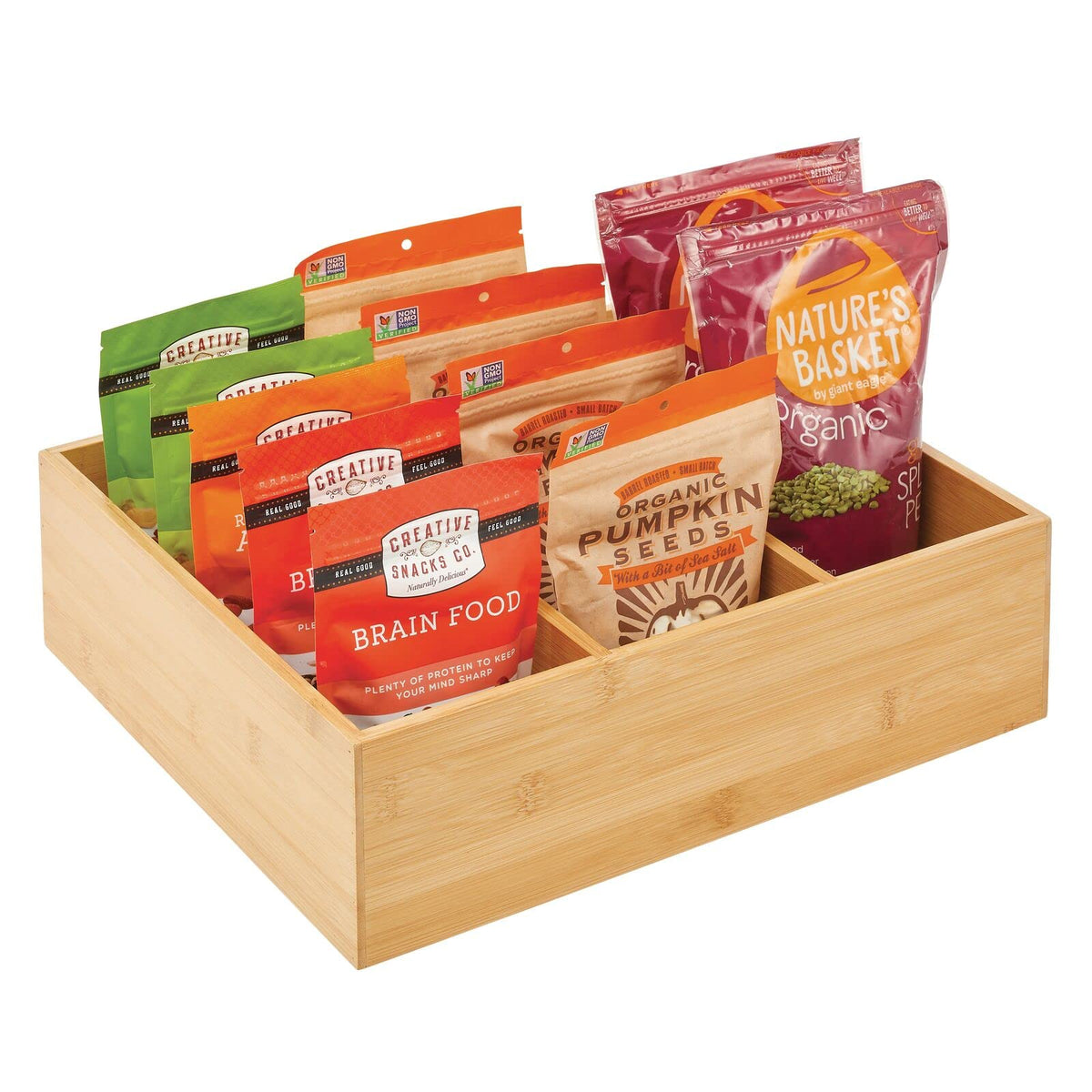 Bamboo 3 Section Stackable Pantry Organizer Bin, 2 Pack D680