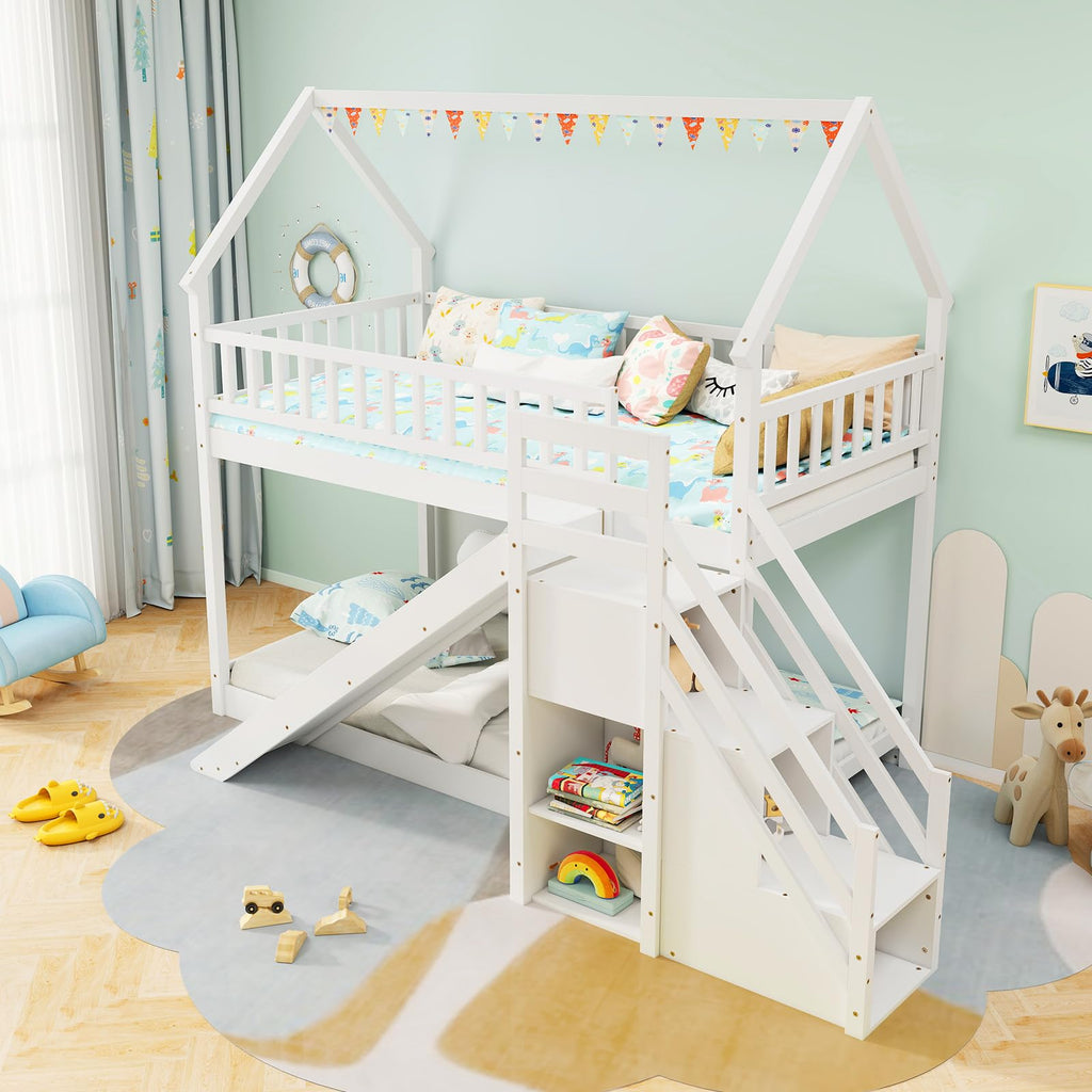 White Twin Over Twin Wood Bunk Bed with Slide and Stairs P58095