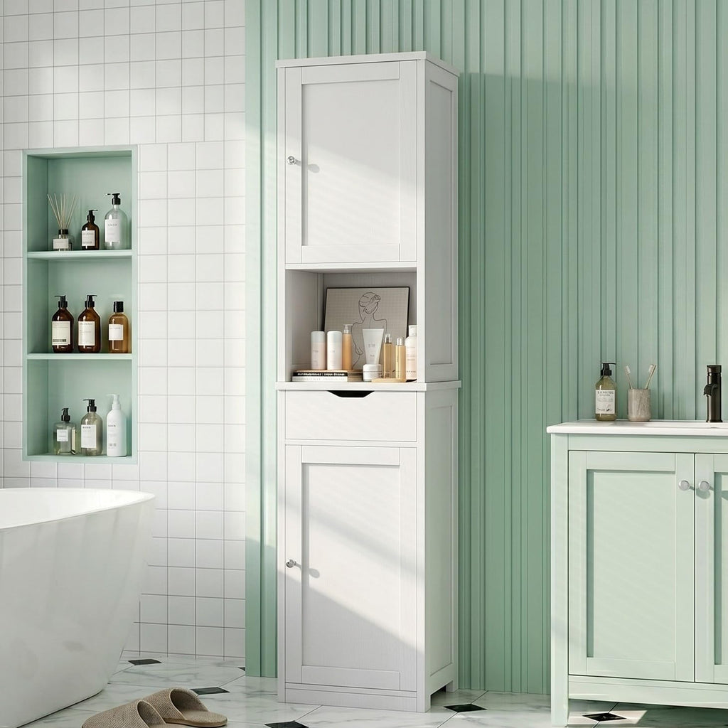 Tall Narrow Bathroom Storage Cabinet with Adjustable Shelves, White T2010