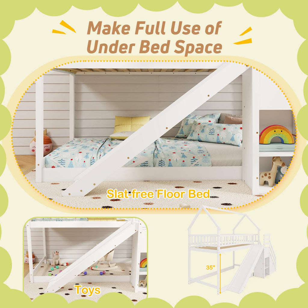 White Twin Over Twin Wood Bunk Bed with Slide and Stairs P58095