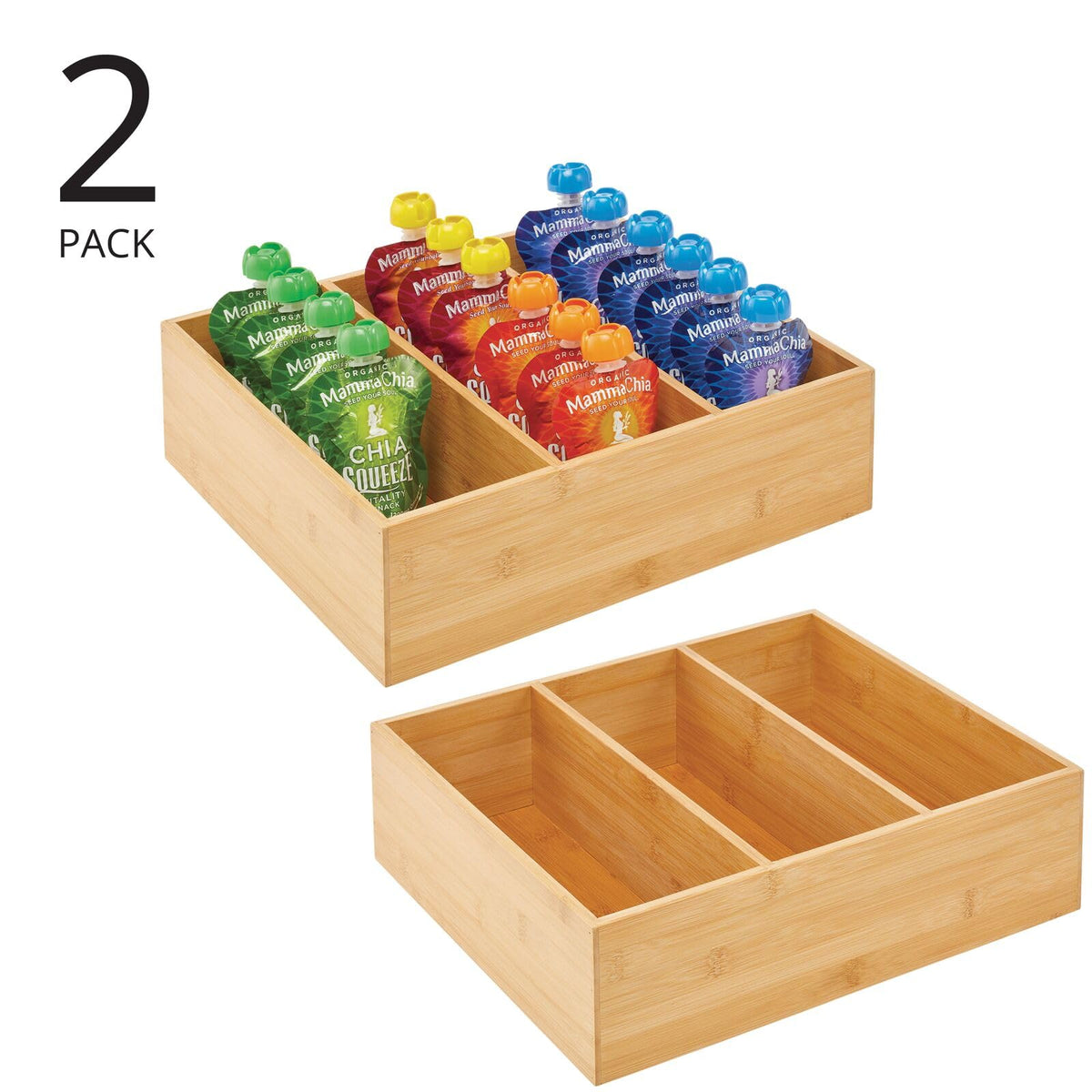 Bamboo 3 Section Stackable Pantry Organizer Bin, 2 Pack D680