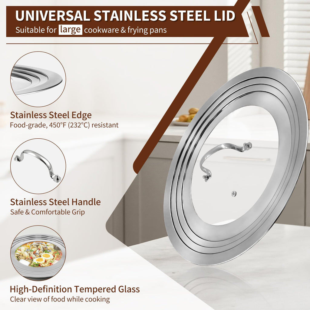 15 Inch Universal Lid for Pots Pans and Skillets, Stainless Steel Tempered Glass F911193