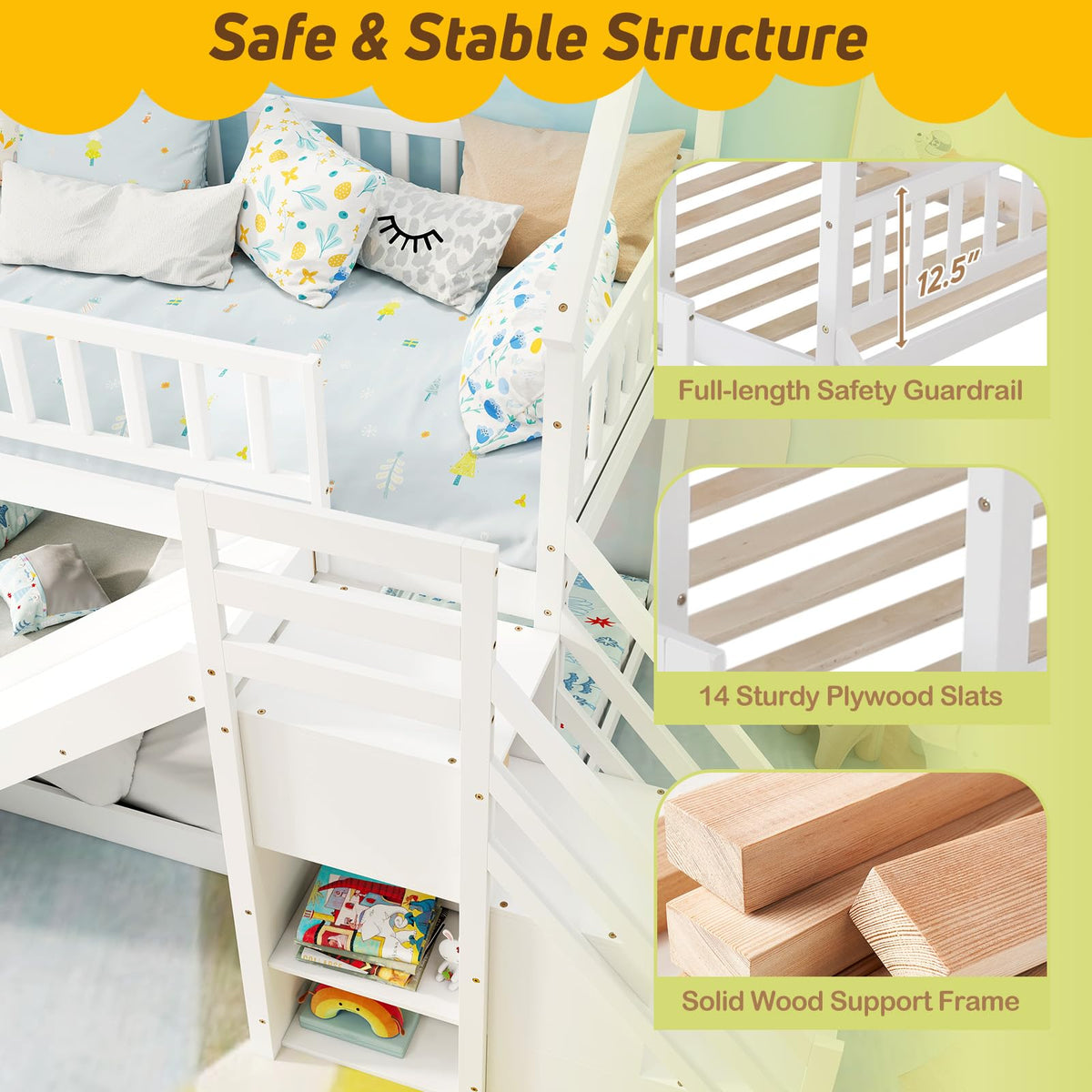 White Twin Over Twin Wood Bunk Bed with Slide and Stairs P58095