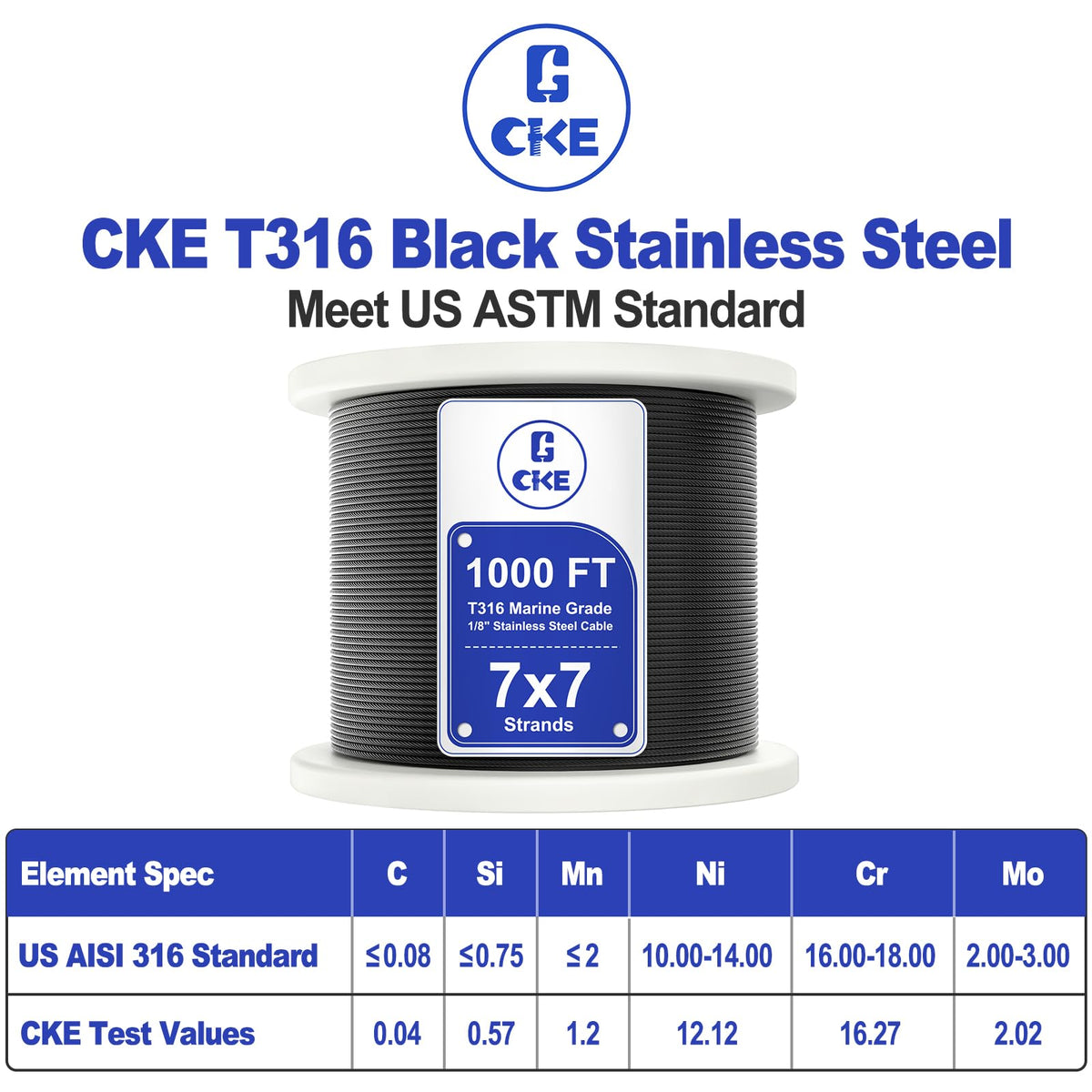 1000FT 1/8" Black T316 Stainless Steel Cable S826050