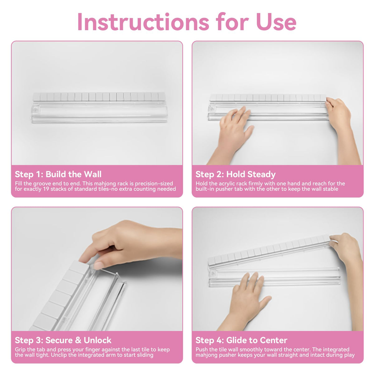 Set of 4 Non-Slip Clear Acrylic Mahjong Racks with Pushers E1304