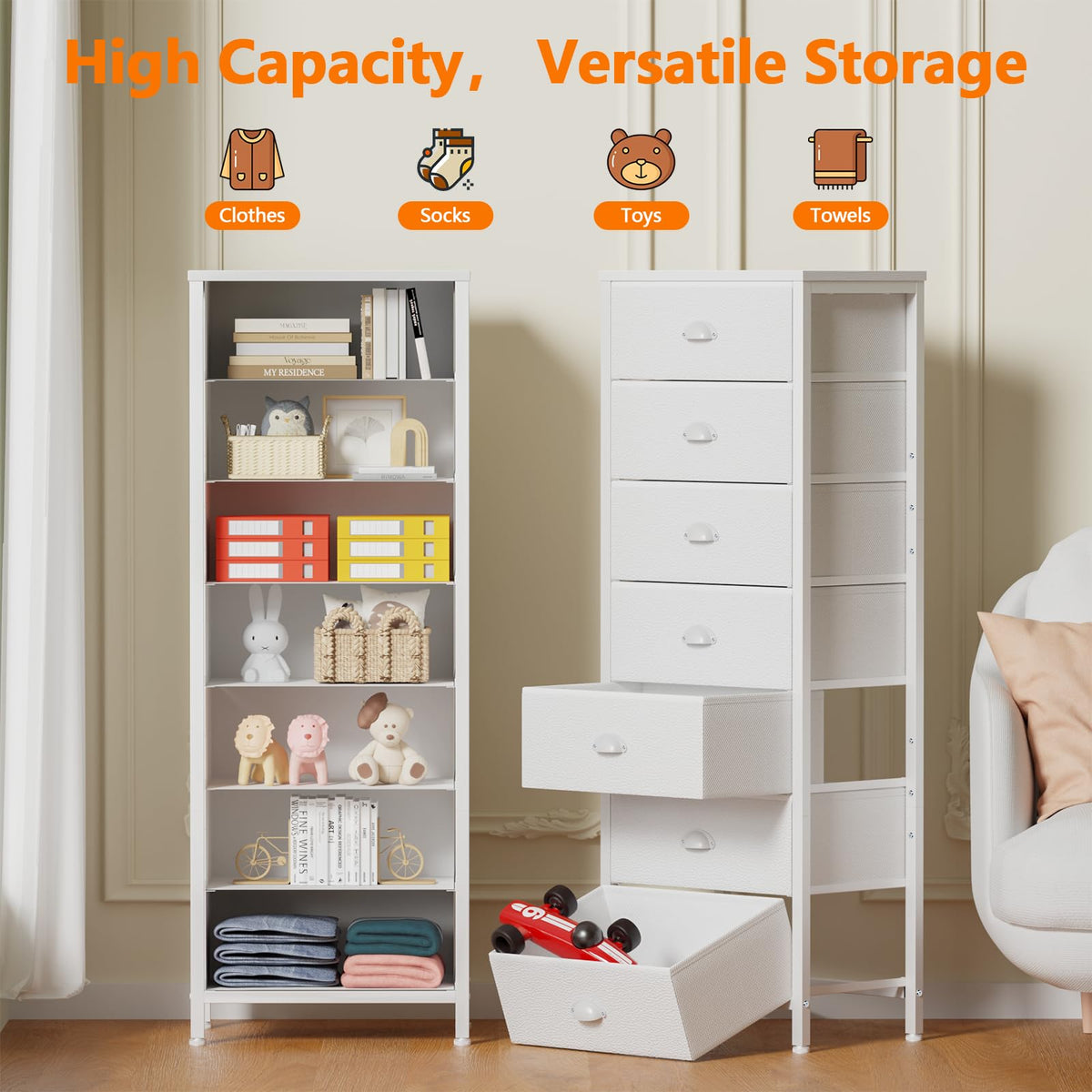 White Tall Dresser with Fabric Drawer T536565