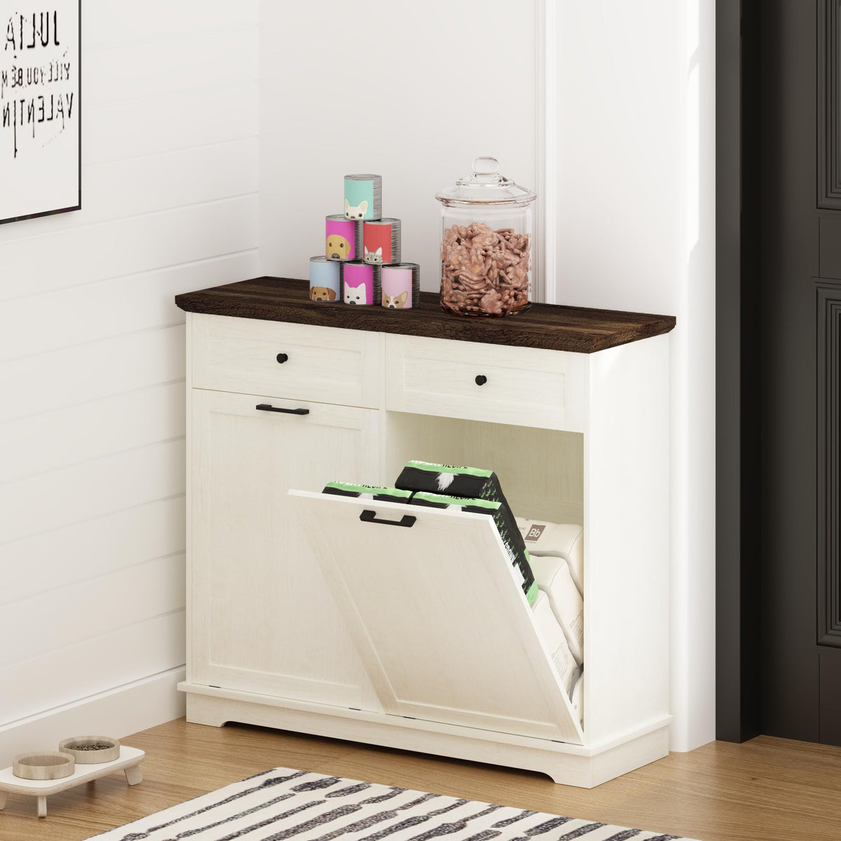 20 Gallon Double Tilt Out Wood Trash Can Cabinet with Drawer V10751