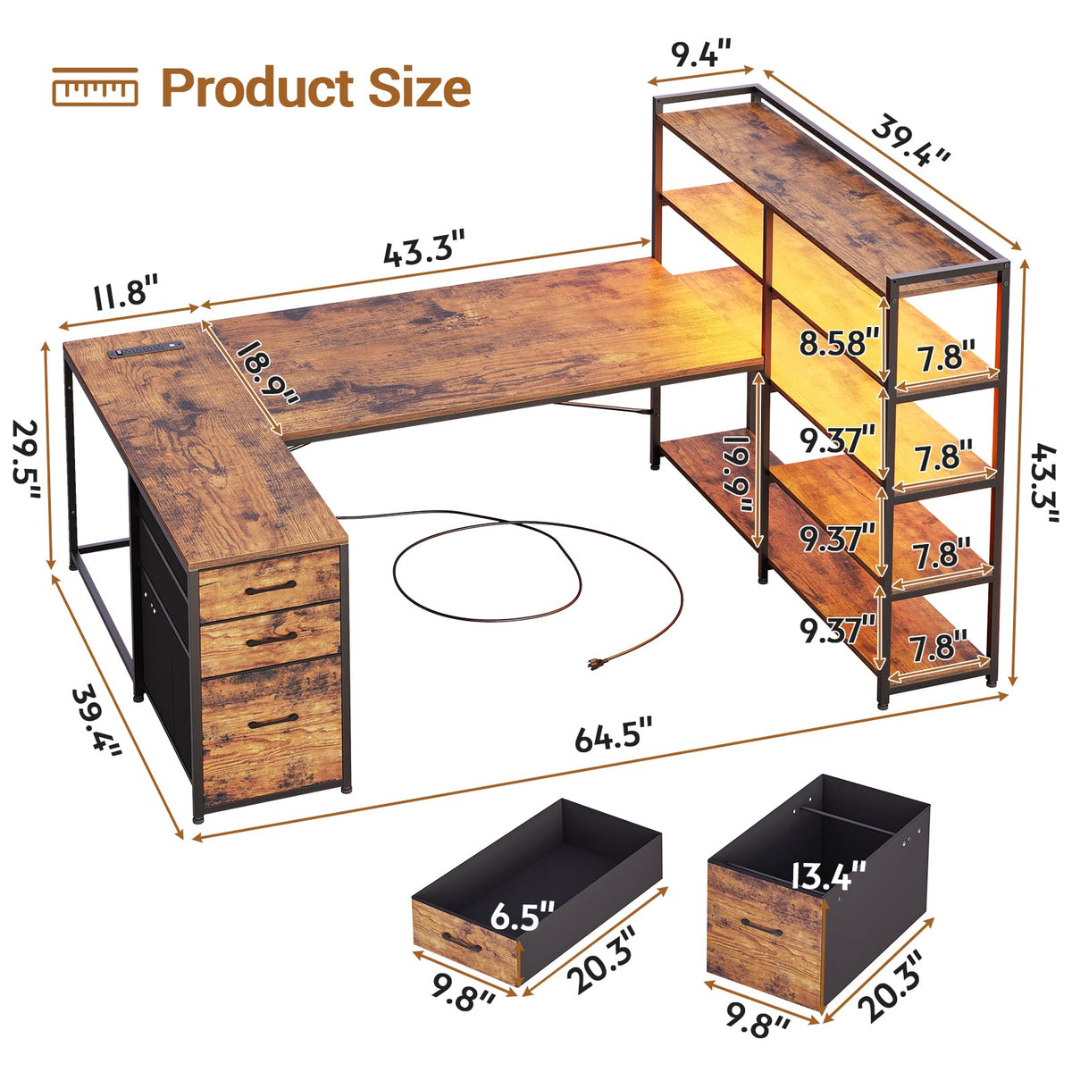 64.5" Reversible L Shaped Office Desk with Storage Drawers Y913451