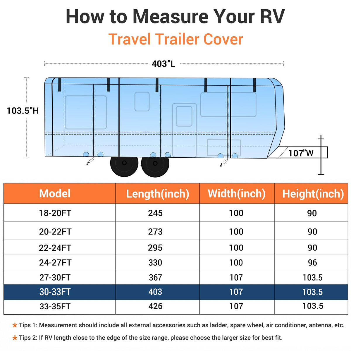30-33FT Water-Resistant Travel Trailer RV Cover E18056