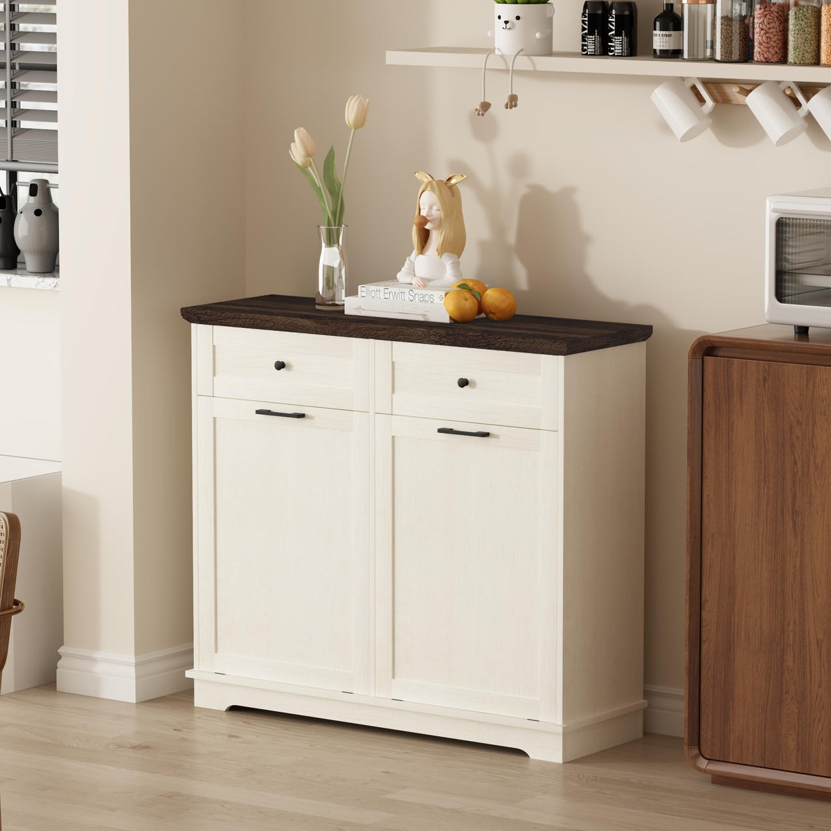 20 Gallon Double Tilt Out Wood Trash Can Cabinet with Drawer V10751