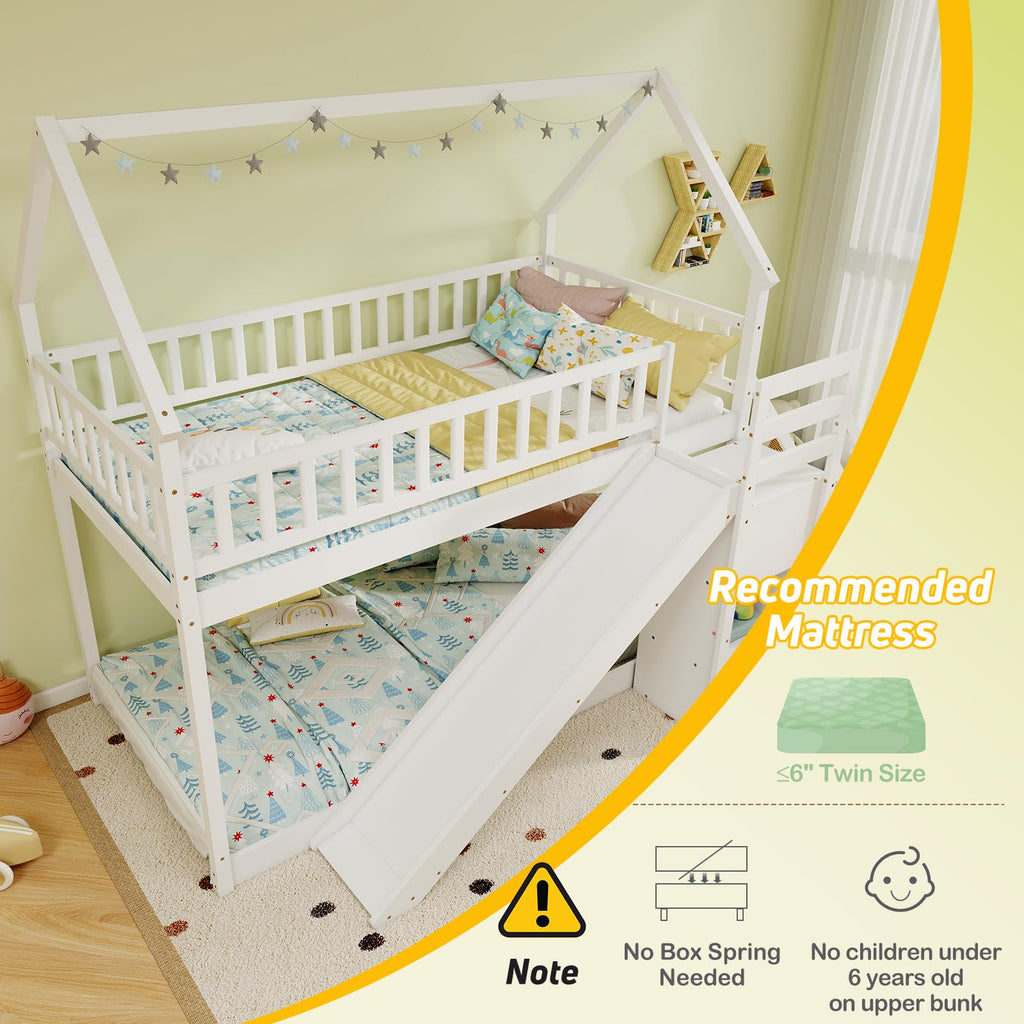 White Twin Over Twin Wood Bunk Bed with Slide and Stairs P58095