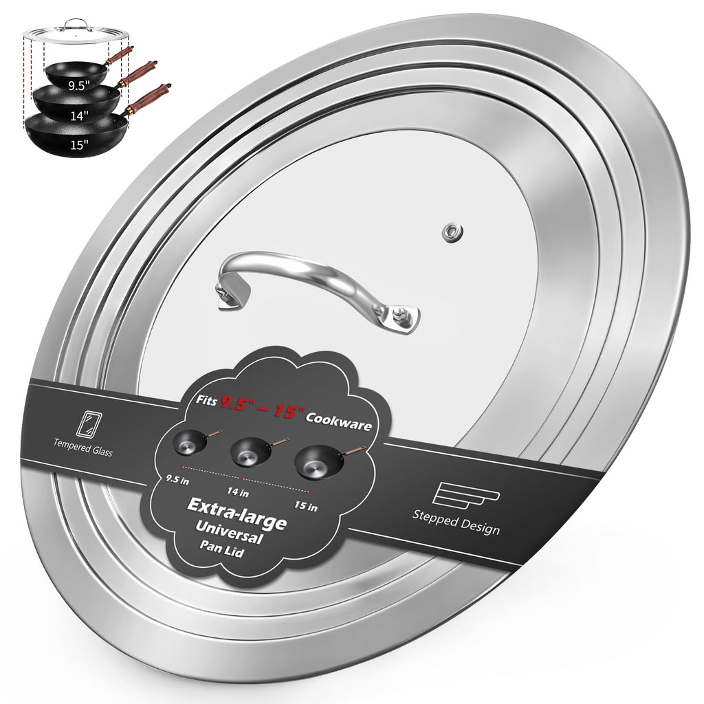 15 Inch Universal Lid for Pots Pans and Skillets, Stainless Steel Tempered Glass F911193