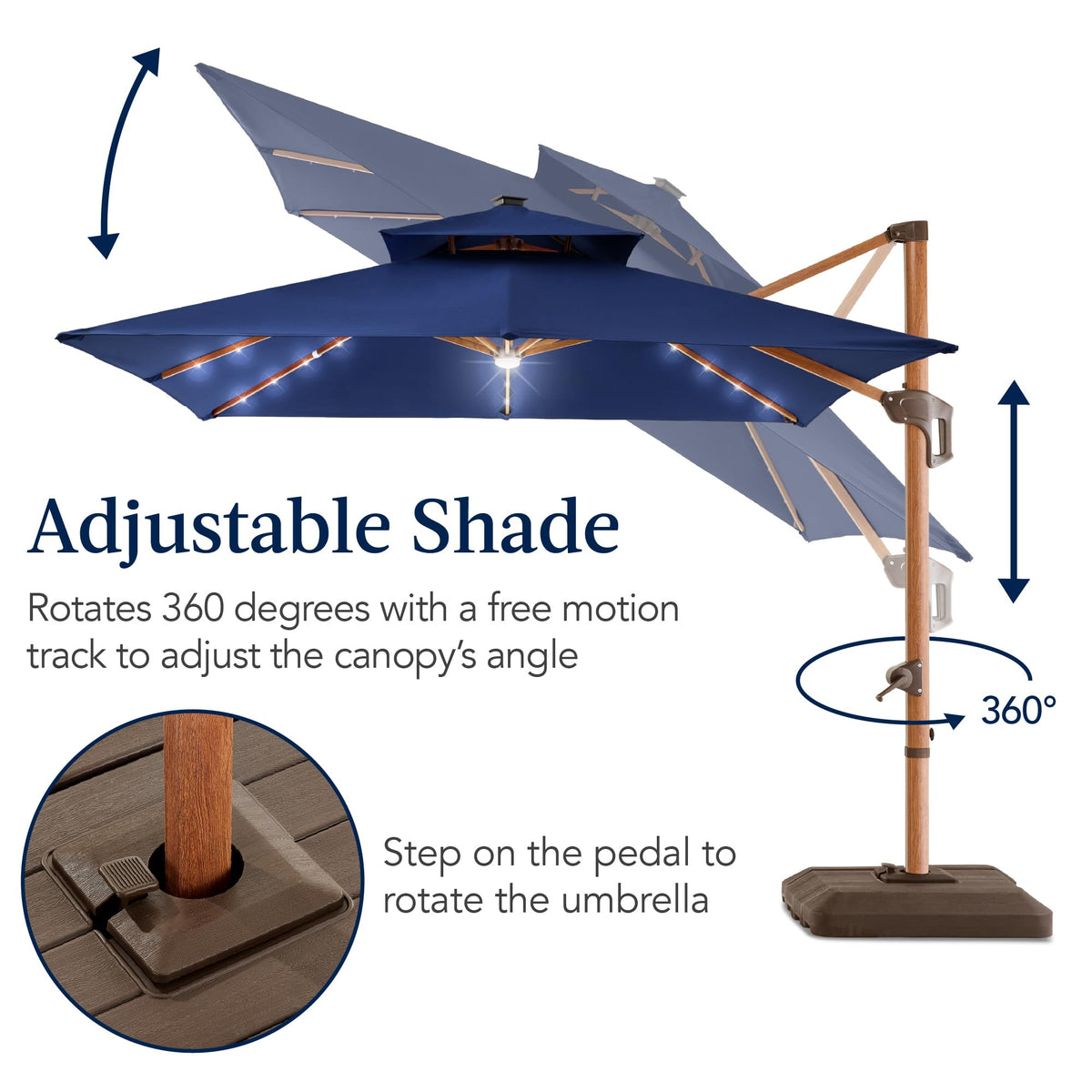 10ft Square Cantilever Patio Umbrella with Base and Solar LED Lights F648618
