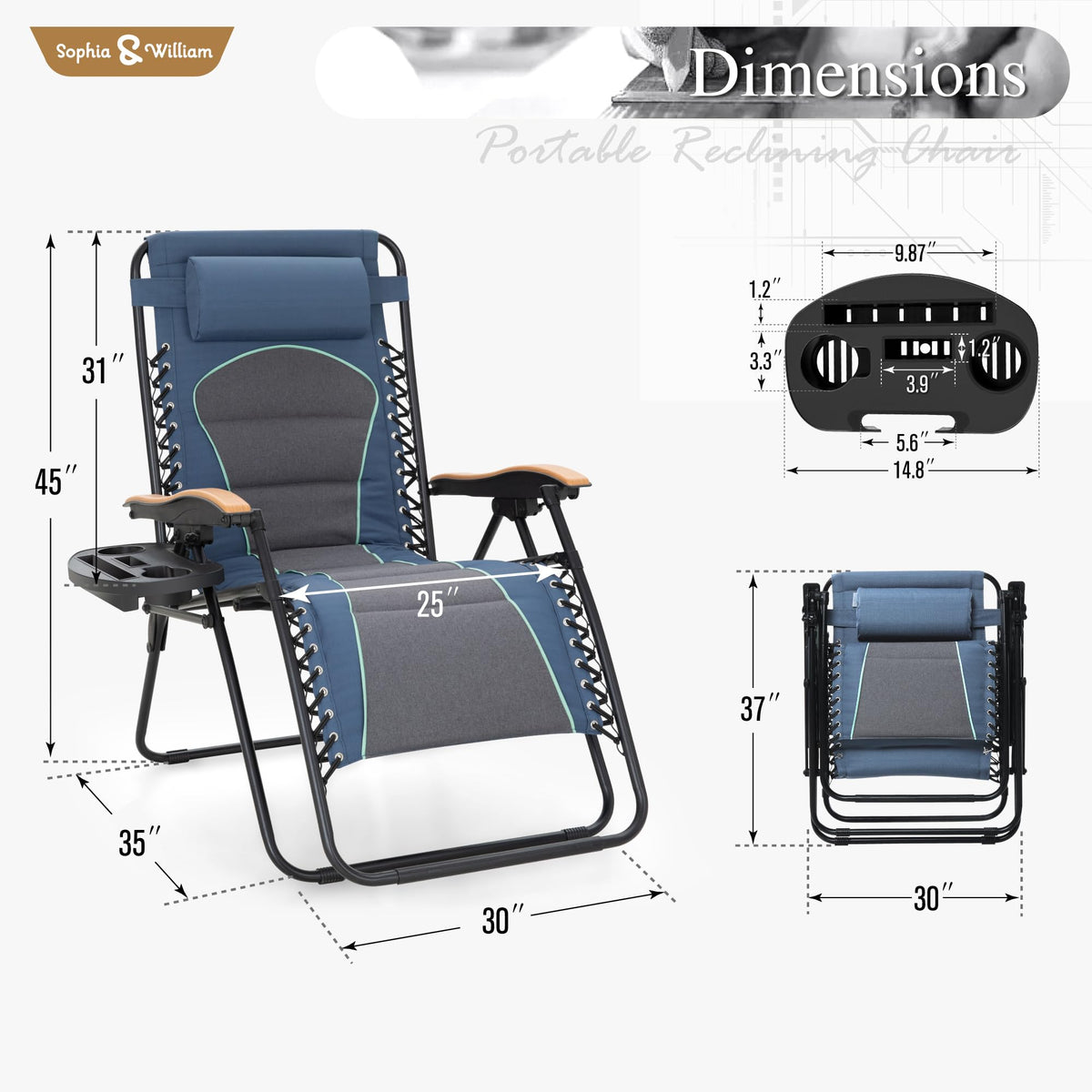 Blue Padded Zero Gravity Chair Set of 2 E198