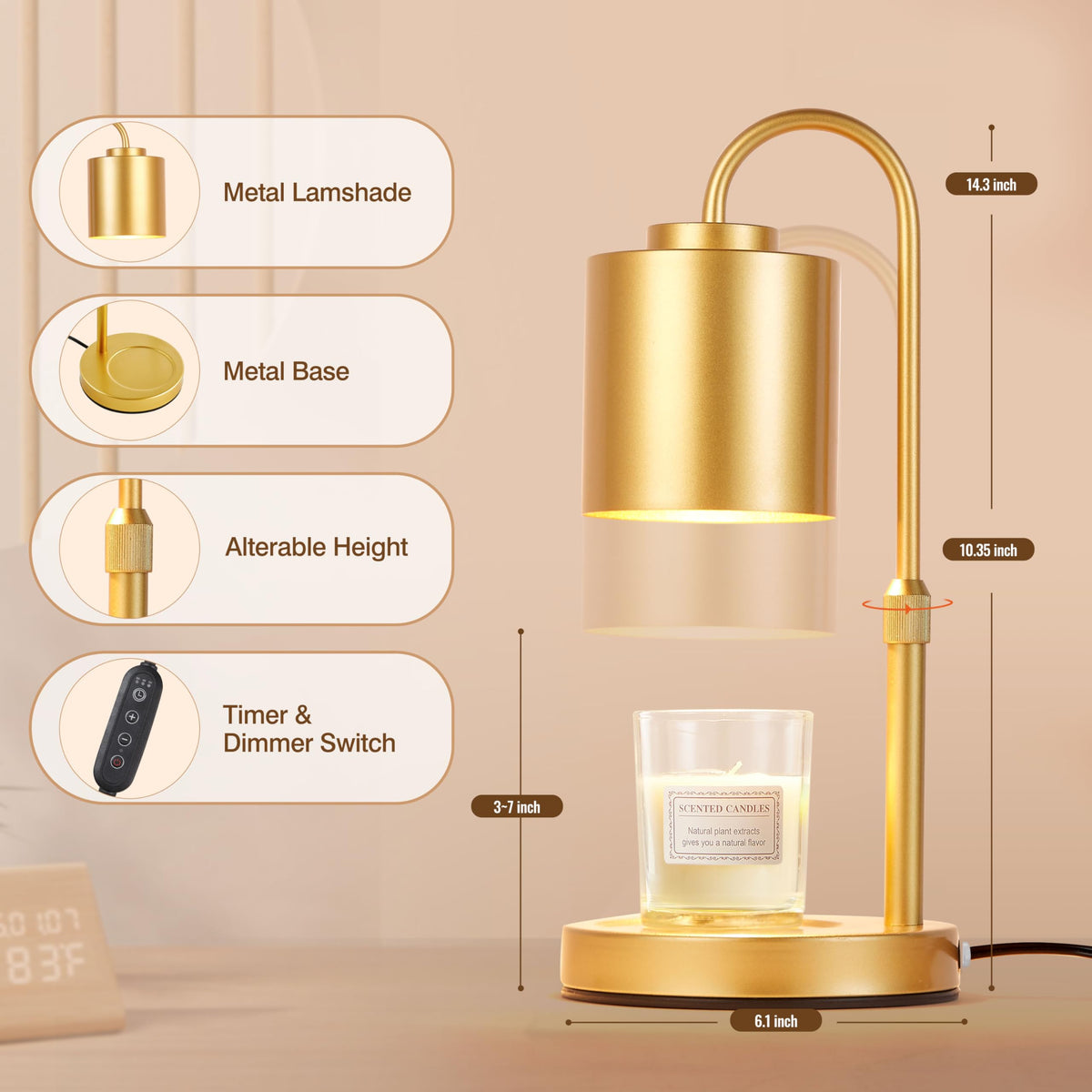 Height Adjustable Electric Candle Warmer Lamp with Timer & Dimmer S739