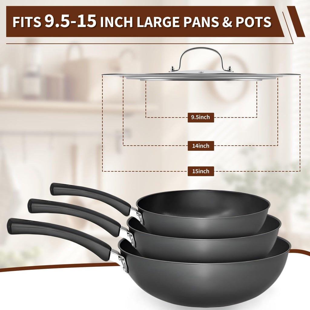 15 Inch Universal Lid for Pots Pans and Skillets, Stainless Steel Tempered Glass F911193