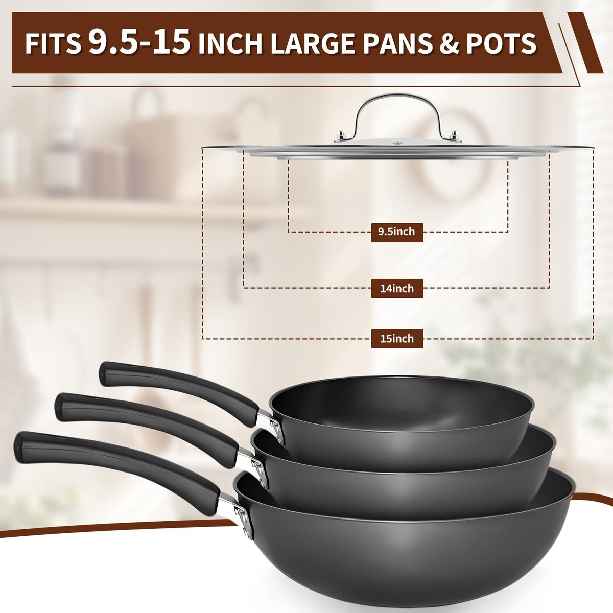15 Inch Universal Lid for Pots Pans and Skillets, Stainless Steel Tempered Glass F911193