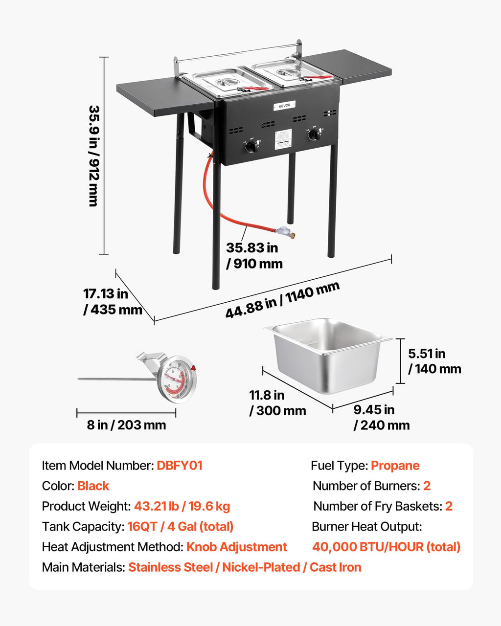 16 Qt Stainless Steel Double Burner Propane Fryer Y476