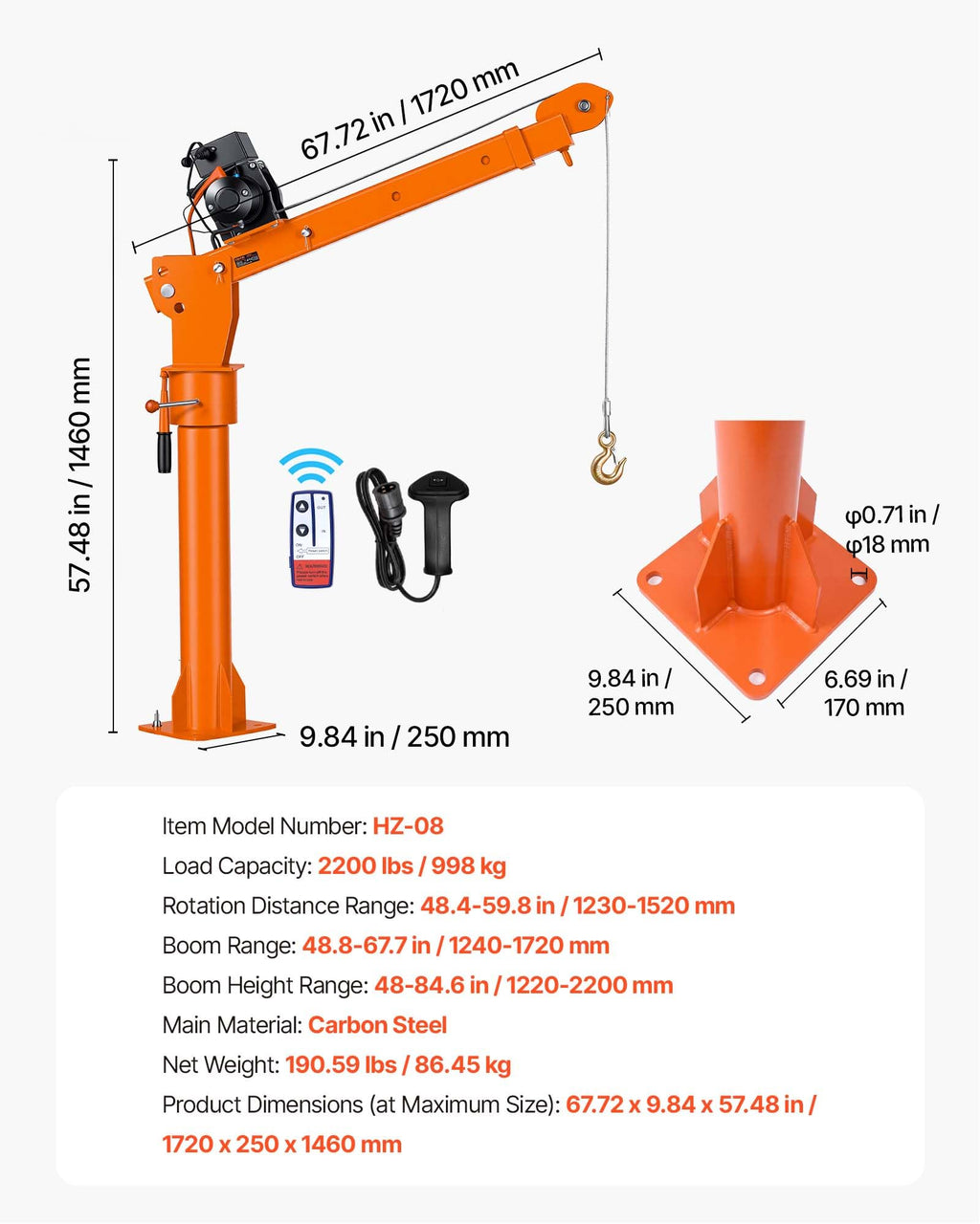 Electric Truck Crane with 12V Electric Winch and 360° Rotating Telescopic Boom F227