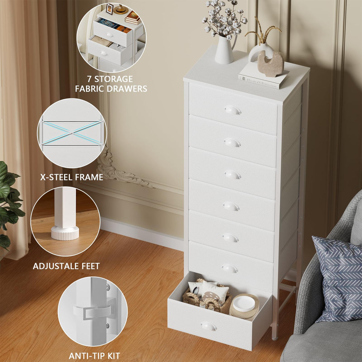 White Tall Dresser with Fabric Drawer T536565