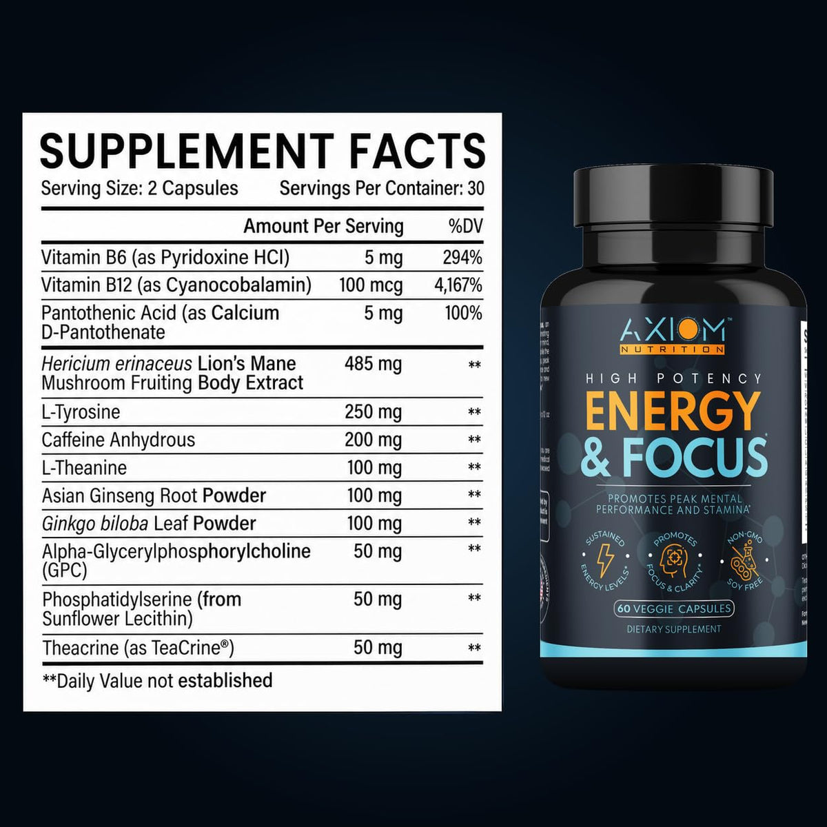 200mg Caffeine Lions Mane Mushroom 60 Capsules U37751