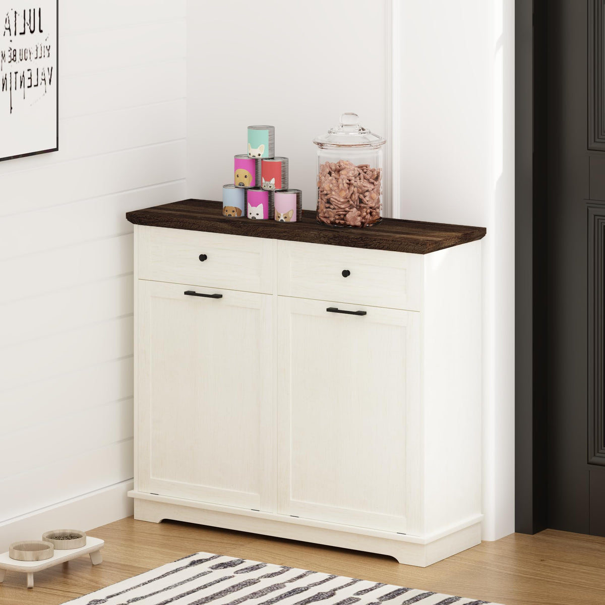 20 Gallon Double Tilt Out Wood Trash Can Cabinet with Drawer V10751