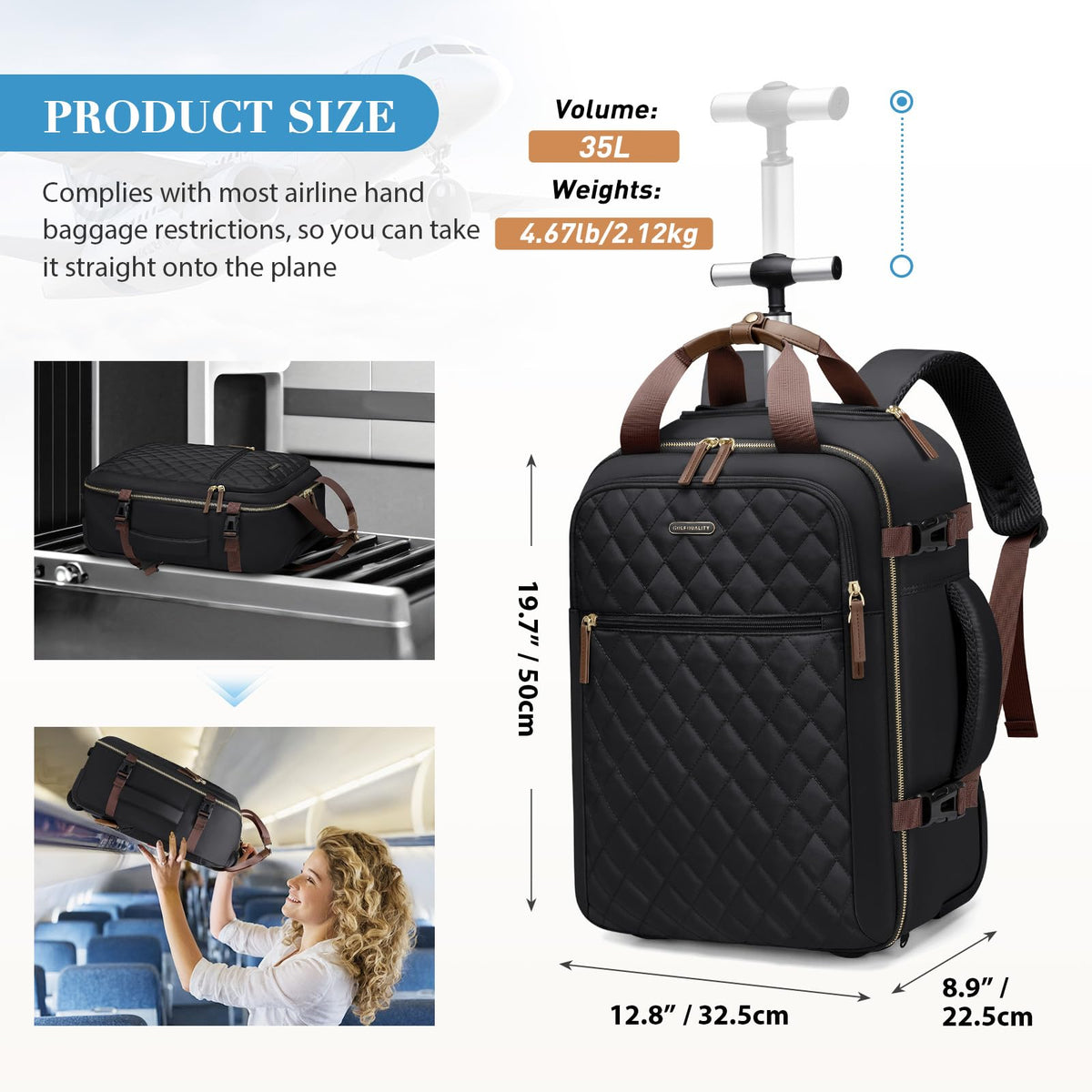 Black Rolling Laptop Backpack with Wheels O330